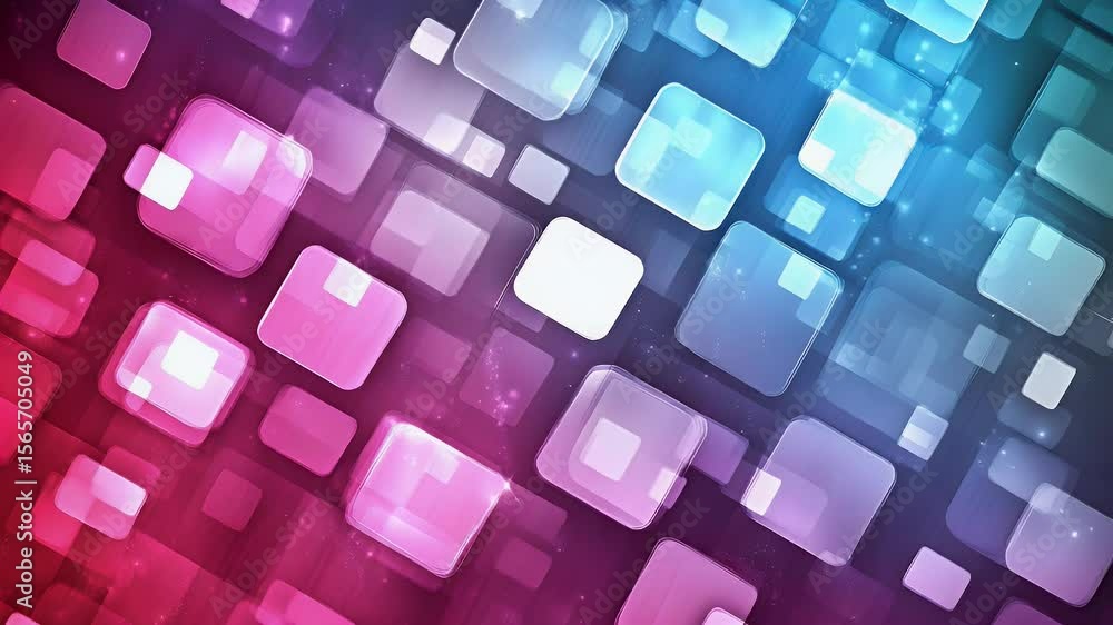 Poster abstract geometric design with overlapping transparent squares in shades of blue pink and purple cre