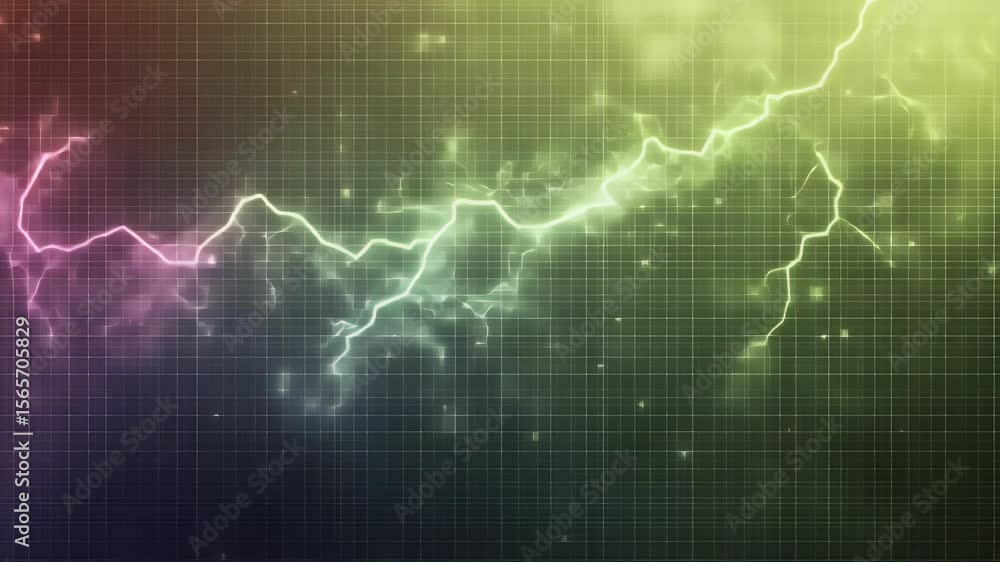 Poster abstract data visualization with glowing waveform over grid lines in shades of purple green and yell
