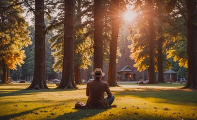Man is sitting in a grassy field with trees in the background. The sun is shining brightly, creating a warm and peaceful atmosphere