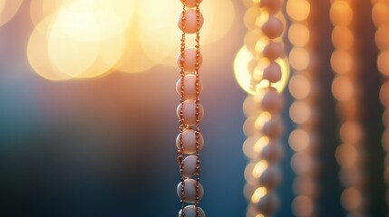 Sunset prayer beads hanging outdoors, bokeh background