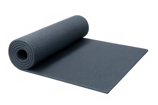 Blue yoga mat rolled up, symbolizing wellness journey, meditation practice, and physical fitness preparation