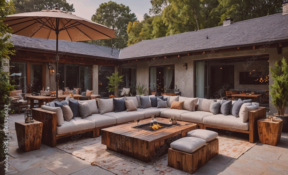 Poster large patio with a fire pit and a large sectional couch. the patio is surrounded by trees and has a 