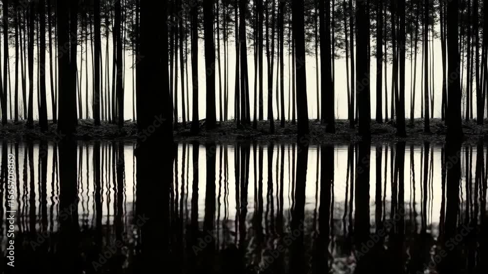 Poster reflections of tall trees in a calm body of water at dusk, creating a serene and stillscape.