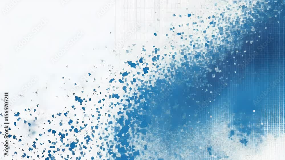 Poster abstract digital artwork featuring a dynamic composition of blue scattered shapes and textured eleme