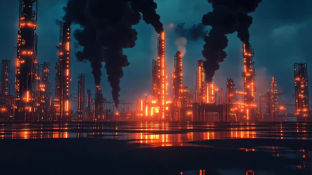 Night Industrial Complex with Orange and Red Glows