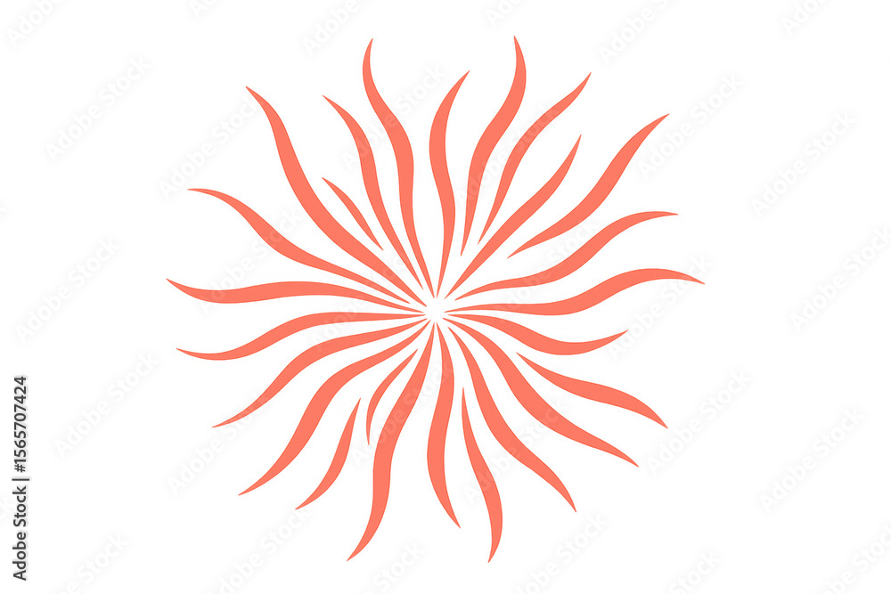 Poster coral pink wavy sun rays expanding from the center on a transparent background, creating a vibrant a
