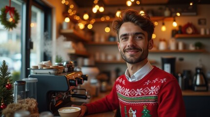 happy barista with christmas sweater enjoying holiday atmosphere at cafe