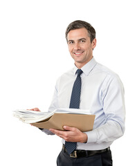 Happy confident businessman holding files and looking at camera, isolated transparent background.
