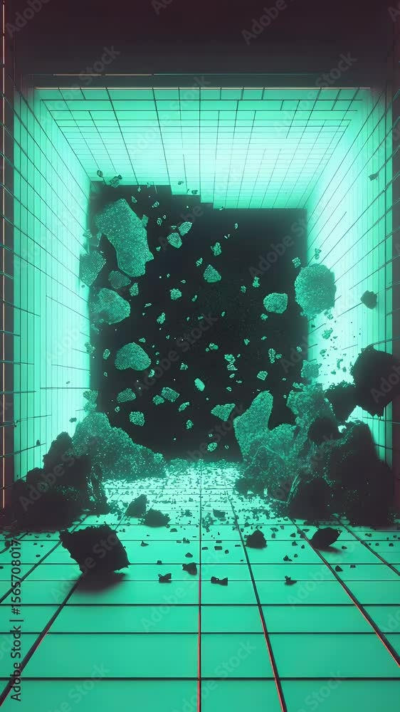 Leinwandbilder Abstract digital art depicting a central dark void within a grid-lined structure illuminated by teal light. Fragmented rock-like objects explode from center with a glowing effect.