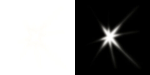 White glowing starburst light with transparent and black background
