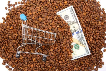 financial concept image featuring a tiny shopping cart, coffee beans, and US currency, symbolizing...