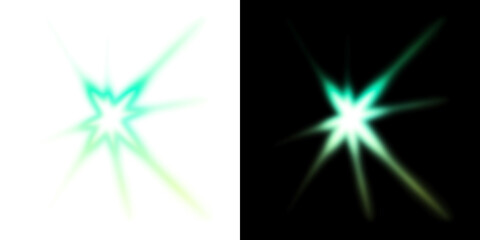 Green glowing starburst light with transparent and black background
