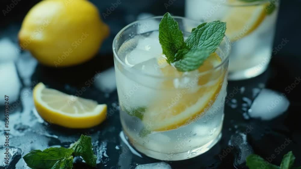 Poster a glass of lemonade with a lemon slice in it. there are also some ice cubes on the table