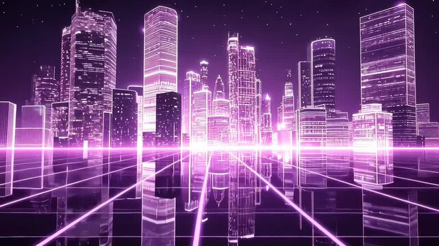 Purple Neon City Nightscape: Futuristic Urban Skyline Reflection