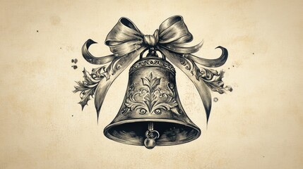 A vintage-style inspired depiction of drawing of a Christmas bell with intricate designs and a ribbon