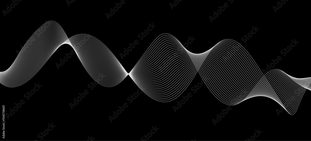 Poster abstract white wave lines flowing smoothly across a solid black background.