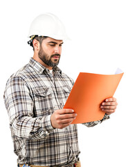 Focused construction worker in a white hard hat and plaid shirt, holding and examining an orange folder with documents on an isolated transparent background.