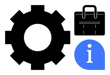 Gear for processes, briefcase for business, and information icon for data access. Ideal for teamwork, productivity, knowledge, innovation, workflow planning education. Simple flat metaphor
