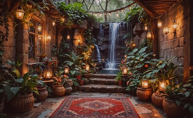 Small garden with a red carpet and a waterfall. The lights are on and the atmosphere is warm and inviting