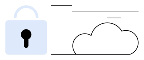 Lock and cloud outline emphasize data protection and secure storage. Ideal for cybersecurity, cloud technology, digital privacy, secure communication, online safety, data encryption, simple flat