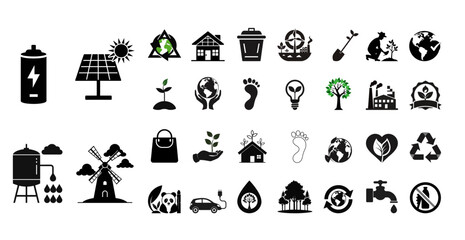 30 Eco & Sustainability Icons – Green Energy, Recycling, Organic Life Concepts – Silhouette on white background