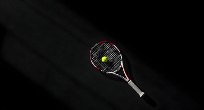 Tennis racket and ball on black background - Powered by Adobe