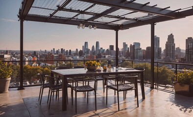 Large table with chairs is set up on a rooftop overlooking a city. The table is surrounded by potted plants and has a vase of flowers on it. The chairs are arranged around the table, and there are
