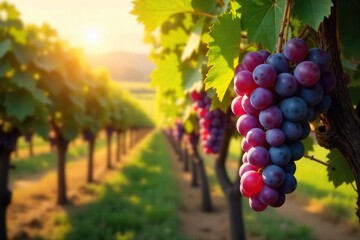 Ripe Purple Grapes Glowing in Autumn Sunlight A Picturesque Vineyard Harvest Scene