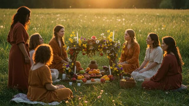 Women celebrating summer solstice in a field with a decorated table, sharing a traditional pagan feast footage.