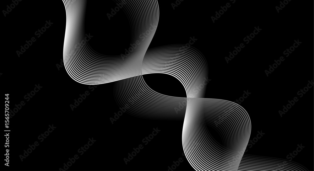 Poster abstract white wave lines flowing smoothly across a solid black background.