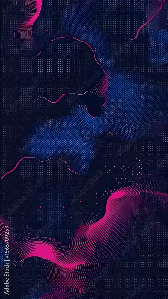 Poster abstract artwork features dynamic swirling shapes in magenta and blue hues against a dark backdrop c