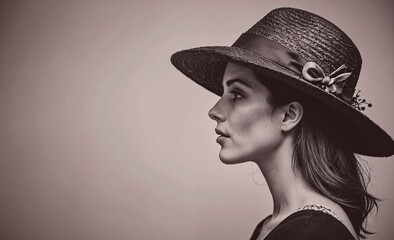 Woman wearing a hat is standing in front of a white background. The hat is black and has a flower on it. The woman's face is the main focus of the image, and she is looking straight ahead