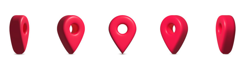3D red map pin icons in multiple angles for navigation and location apps, Location Pin 3D Icons, Red GPS Markers, Navigation Symbol Set, Geolocation Elements for Maps