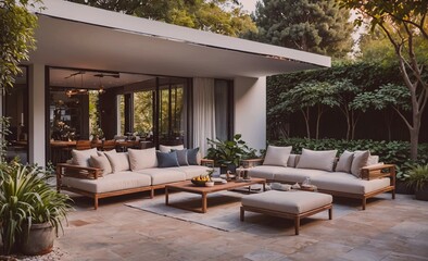 Large white house with a patio area with a wooden table and chairs. The patio is surrounded by trees and has a view of the house