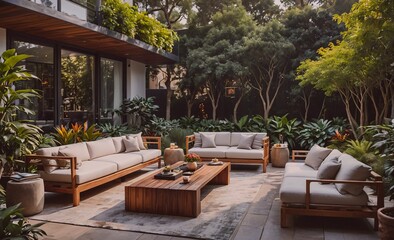 Large outdoor living room with a wooden table and several couches. Scene is relaxed and inviting