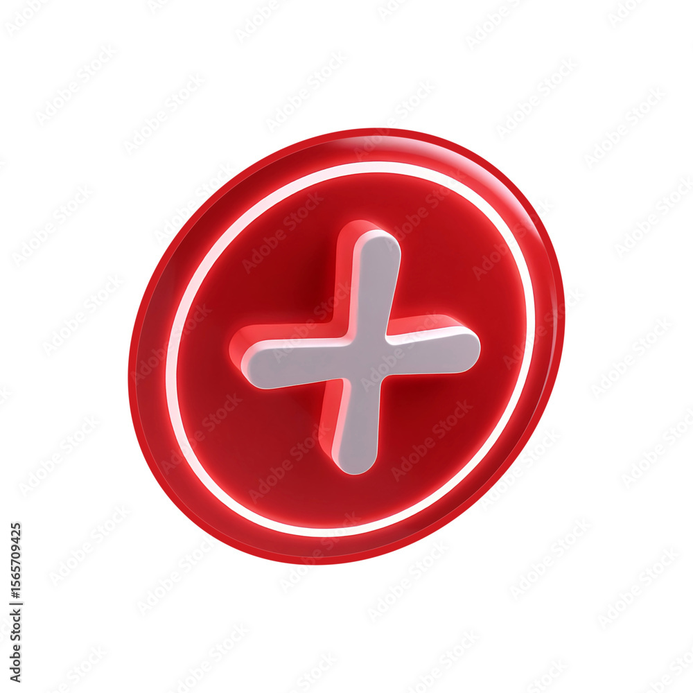 Poster red round glossy 3d illustration icon with plus and minus buttons for web design, red circular icon,