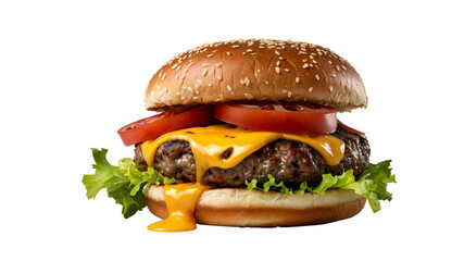 Delicious classic cheeseburger with melted cheese, fresh lettuce, juicy tomato, and a beef patty on a sesame bun, on an isolated transparent background.