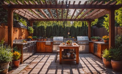 Large outdoor kitchen with a wooden gazebo and a patio table. The kitchen is equipped with two grills and a sink. The patio is decorated with potted plants and flowers, creating a warm and inviting