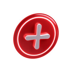 Obraz premium Red round glossy 3D illustration icon with plus and minus buttons for web design, red circular icon, glowing neon cross symbol, 3d rendered medical or first aid icon