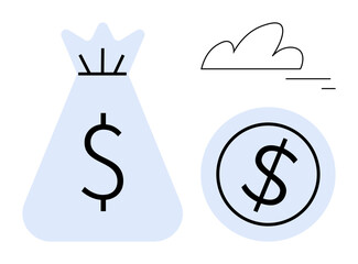 Money bag with dollar sign alongside a currency coin and faint cloud symbol. Ideal for finance, investment, savings, banking, budgeting, economy, economic growth, and simple landing page