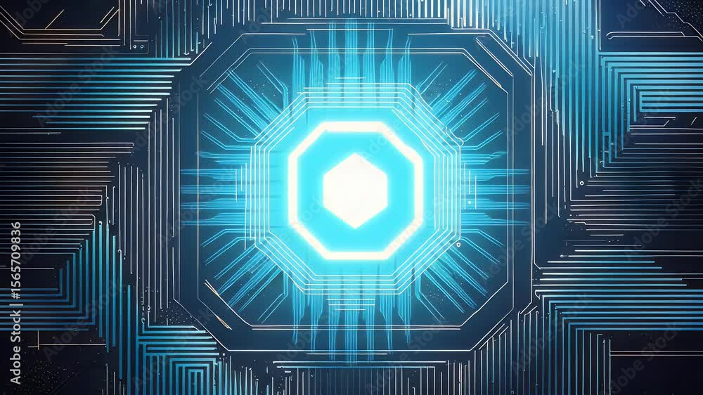 Poster abstract digital representation of a central glowing octagon surrounded by blue circuits and lines o