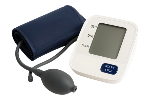 Digital Blood Pressure Monitor with Cuff and Manual Pump on White Background