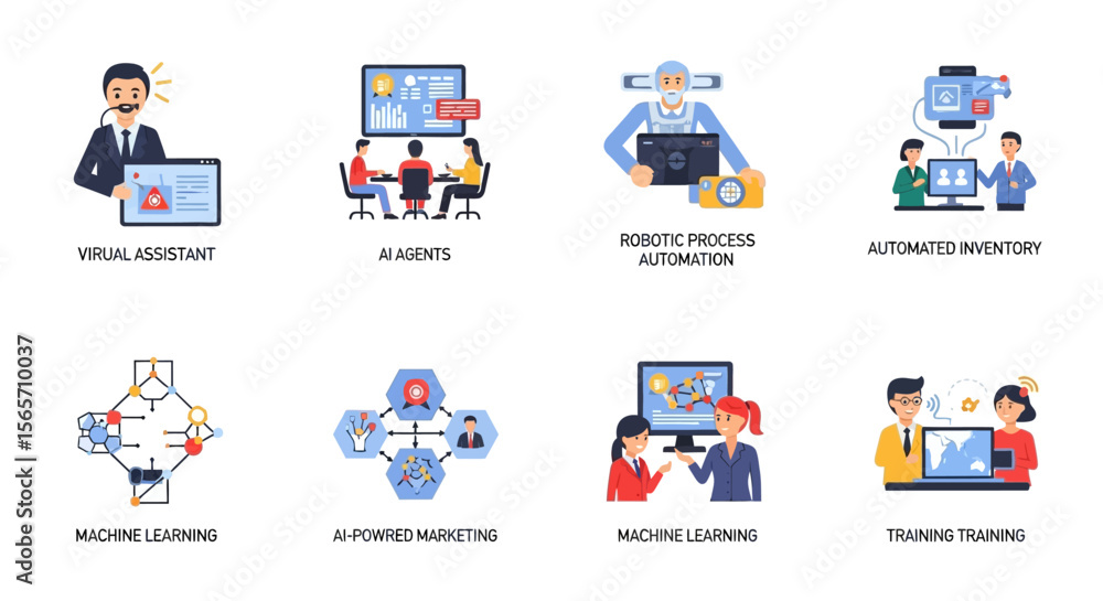 Poster a colorful set of illustrations depicting various aspects of business automation, including virtual 