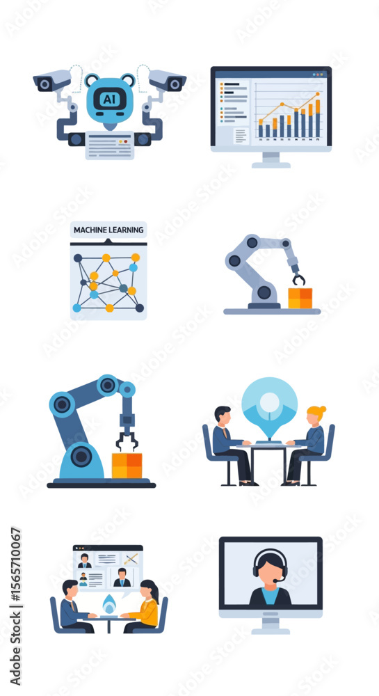 Poster various icons representing artificial intelligence, technology, business, and data analysis concepts