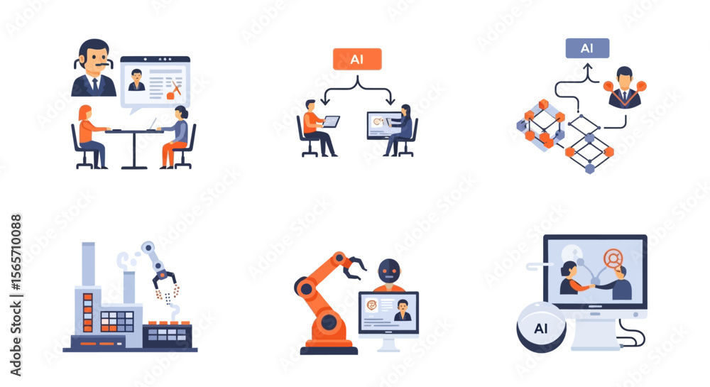 Poster a collection of flat design icons depicting various applications of artificial intelligence, includi