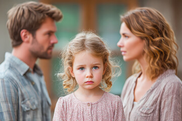 Young girl stands between parents with serious expressions in a soft, emotional family scene
