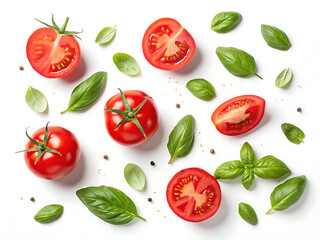 Tomatoes and basil leaves scattered on a white surface creating a fresh and vibrant composition