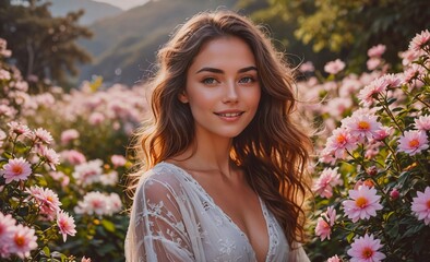 Woman is standing in a field of pink flowers. She is smiling and looking at the camera