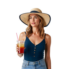 Thoughtful young woman in a straw hat and blue top, holding a refreshing drink, looking away on an isolated transparent background.
