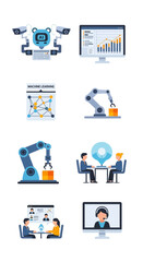 Various icons representing artificial intelligence, technology, business, and data analysis concepts.